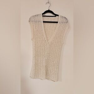 Vintage Cream Open Knit Button Front Sweater Vest Top Cap Sleeve